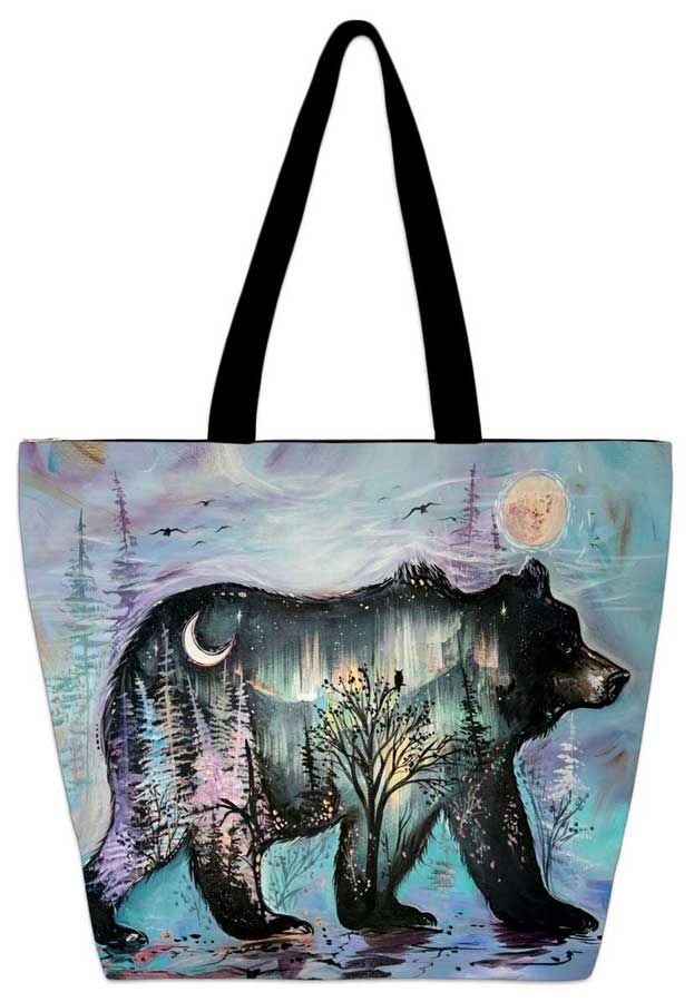 Midnight Bear Tote Bag featuring Carla Joseph's artwork, showcasing a bear silhouette with natural elements.