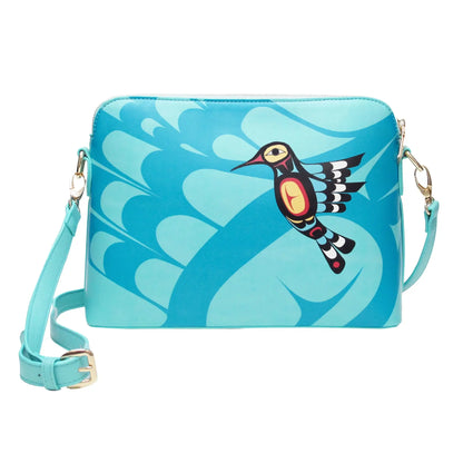 Hummingbird Art Bag featuring vibrant design by Francis Dick on synthetic leather.