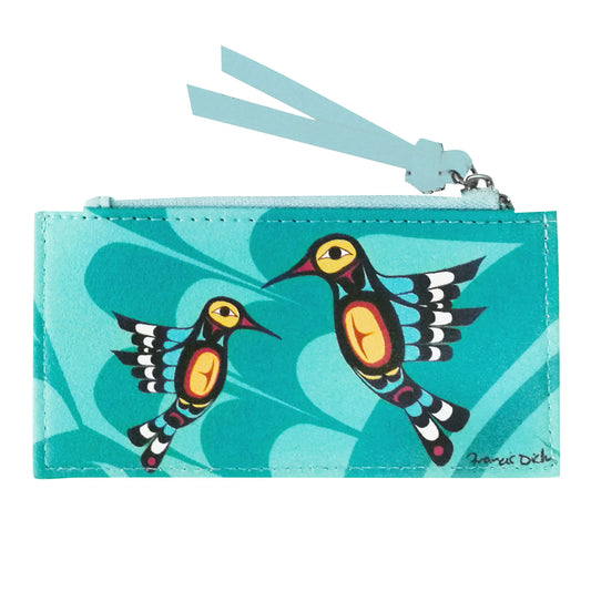 Small pouch with bird design on a turquoise background