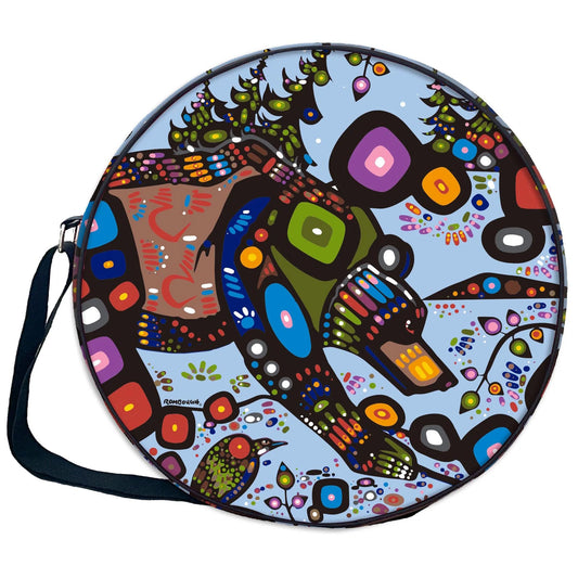 Colorful Bear 21in Drum Bag designed by John Rombough with Indigenous artistry and adjustable strap.