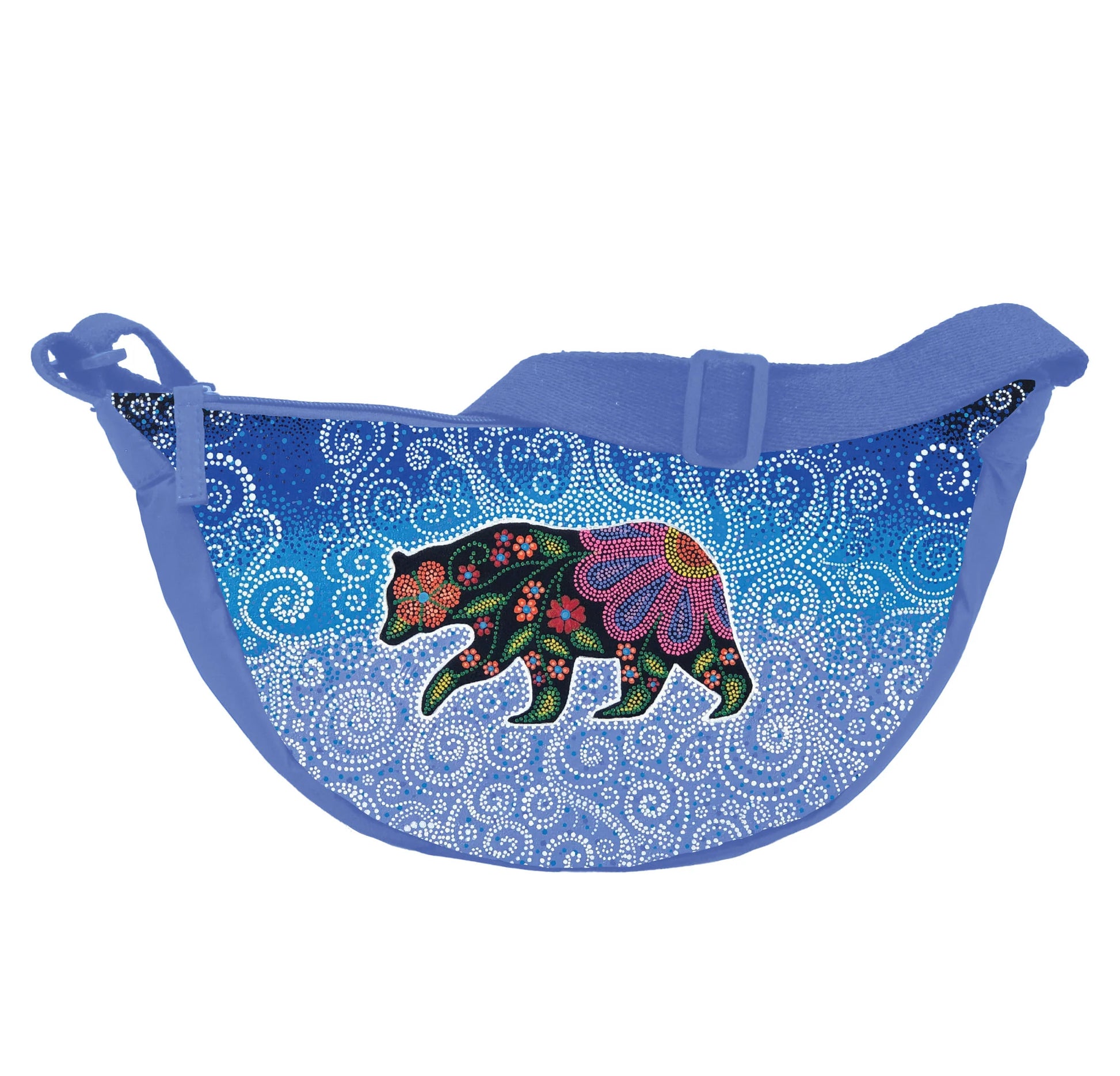 Celestial Bear Halfmoon Shoulder Bag featuring a vibrant bear design by Kim McDonough, perfect for everyday use.