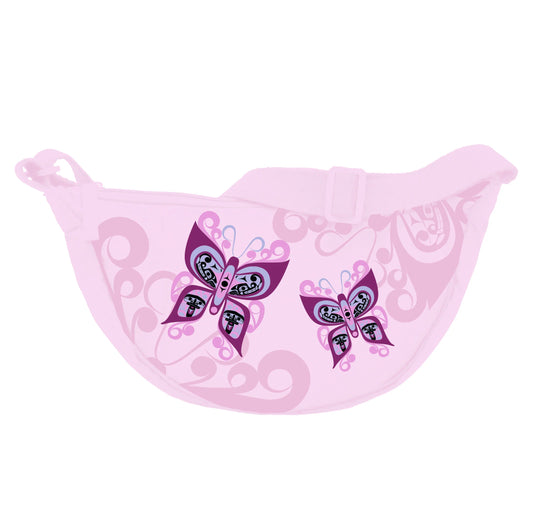 Celebration of Life Halfmoon Shoulder Bag in pink with butterfly designs and elegant swirl patterns.