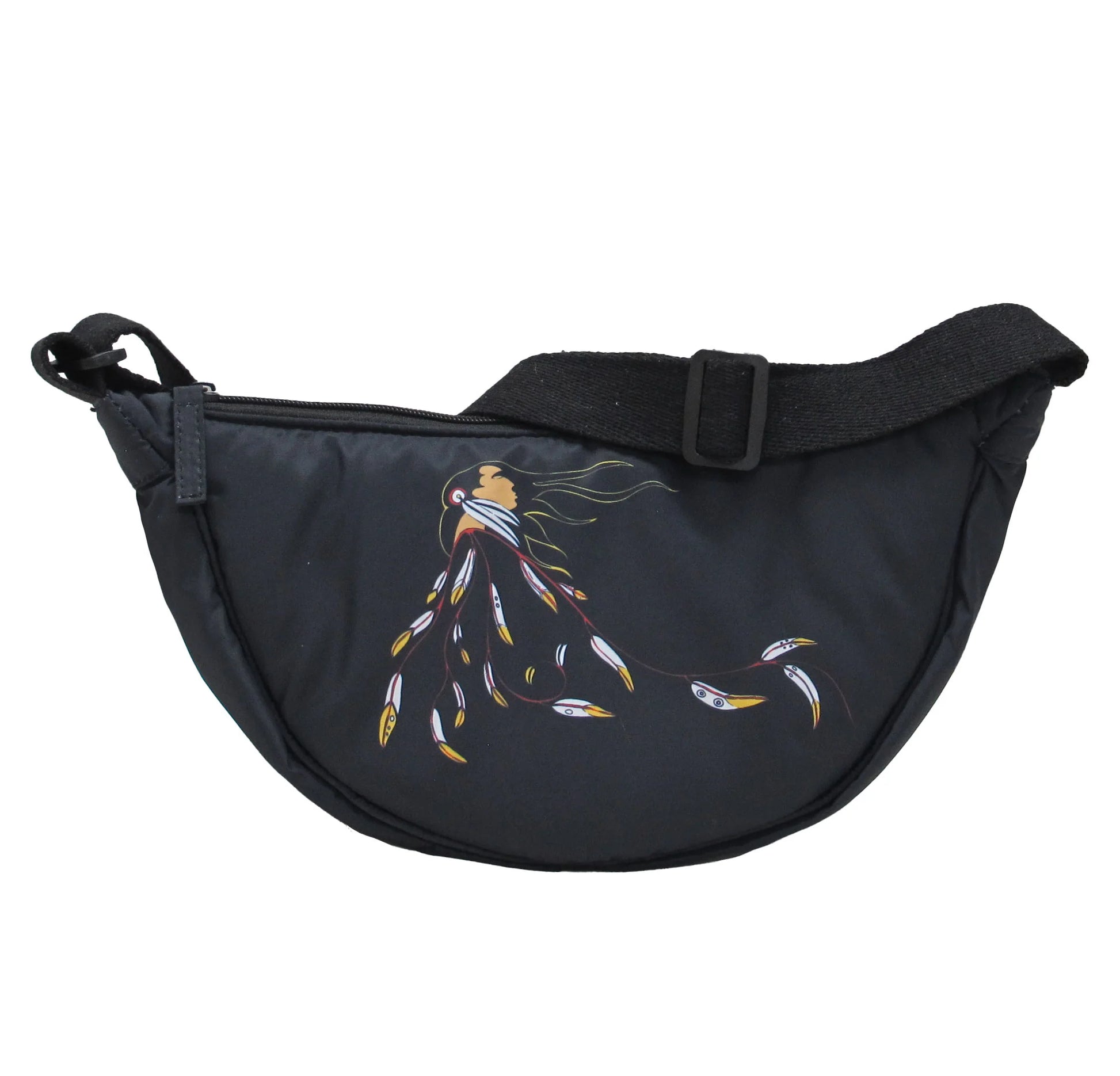 Eagle's Gift Halfmoon Shoulder Bag featuring Indigenous art on a stylish black design.