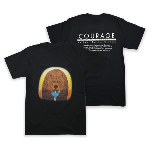 Black 7 Teachings Bear Tee with colourful bear artwork front view