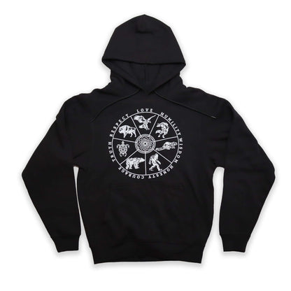 7 Teachings Wheel Hoodie featuring a unique design representing indigenous teachings on a comfy black fleece sweatshirt.