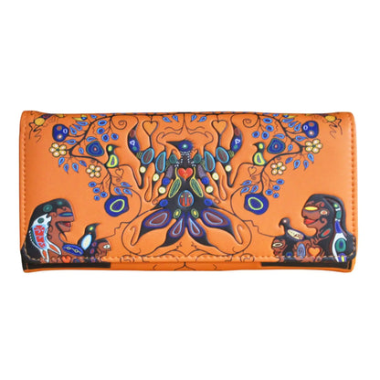 A Family Reimagined Wallet featuring Anishinaabe art by Cody Houle with intricate designs on a vibrant orange background.