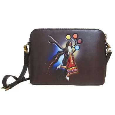 A Skirt with a Story Art Bag featuring an artistic design by Emily Kewageshig, showcasing cultural pride.