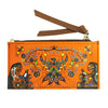 Orange wallet with colorful designs and a brown strap on a white background