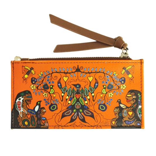 Orange wallet with colorful designs and a brown strap on a white background