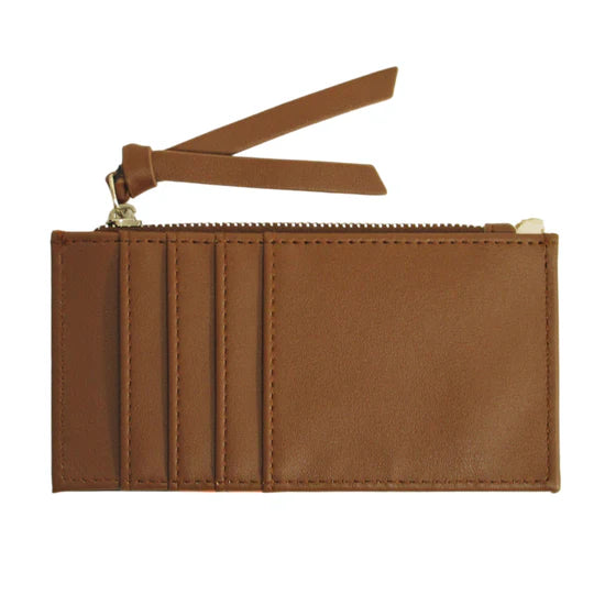 Brown leather wallet with a strap on a white background