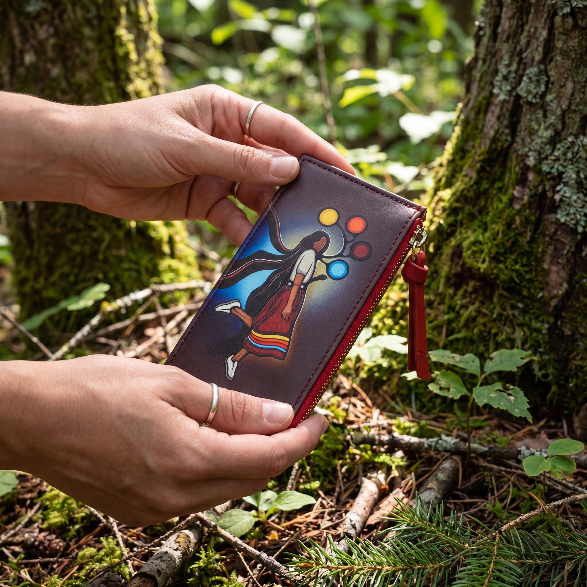 Person holding a wallet with a colorful design in a forest setting