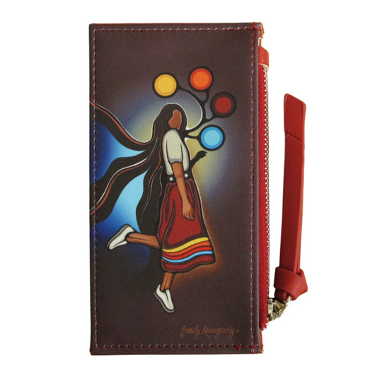 Wallet with artistic design of a woman and colorful circles on a white background