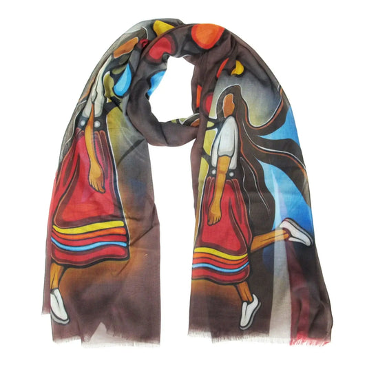 A Skirt with a Story Eco-Scarf designed by Anishinaabe artist featuring vibrant cultural artwork.