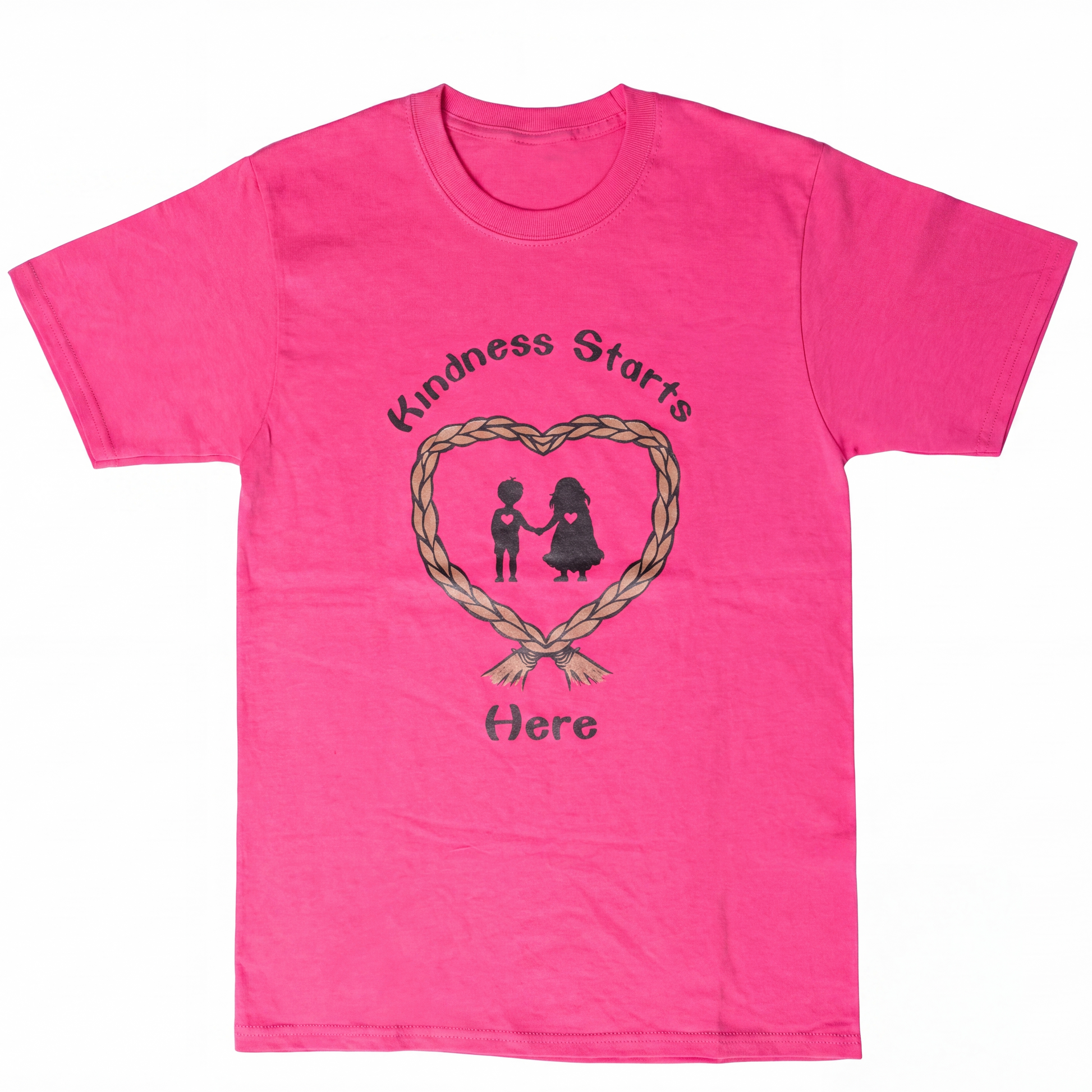 A bright pink short-sleeve t-shirt with a graphic on the front. The graphic features a braided heart outline with two small figures holding hands, the text 'Kindness Starts' above, and 'Here' below.