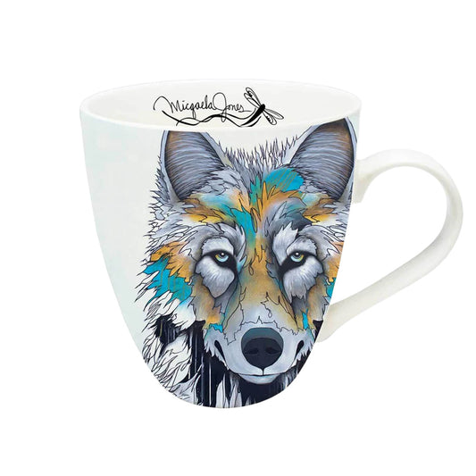 Mug with a colorful wolf design on a white background