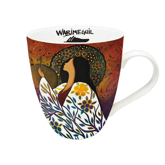 Decorative mug with artistic design and 'Wajime Guil' branding on a white background