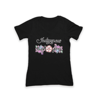 Indigenous Floral V-Neck T-shirt featuring a cultural floral design on a black fabric background.