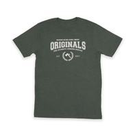 Originals Tee featuring Indigenous Nations Apparel Company logo in vintage style on a green t-shirt.