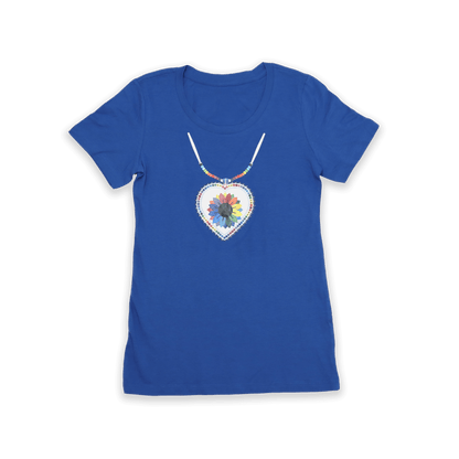 Blue Beaded Heart Medallion Ladies Tee with Indigenous beaded heart design front view