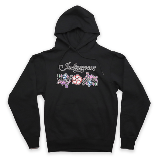 Indigenous Floral Hoodie featuring vibrant floral patterns on a black fleece sweatshirt, ideal for showing appreciation for Indigenous culture.