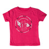 A bright pink short-sleeve youth t-shirt with a circular graphic on the chest featuring a stylized heart and the text 'Be a Friend to the End'