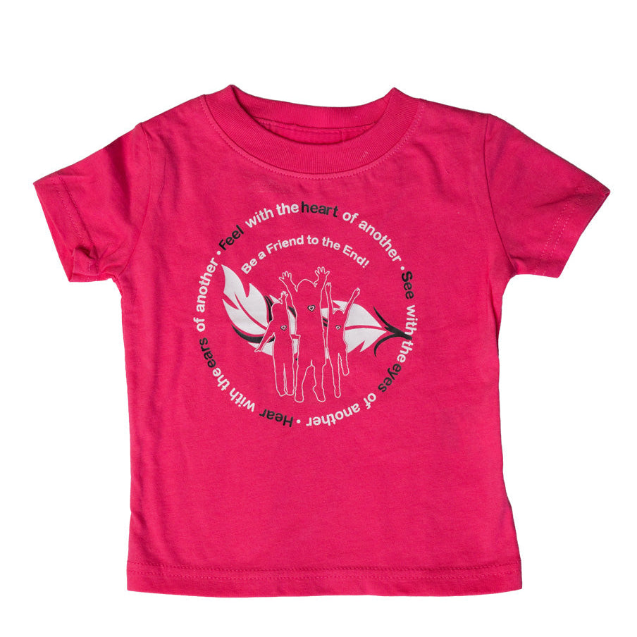 A bright pink short-sleeve youth t-shirt with a circular graphic on the chest featuring a stylized heart and the text 'Be a Friend to the End'