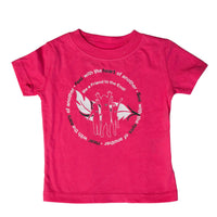 A bright pink short-sleeve youth t-shirt with a circular graphic on the chest featuring a stylized heart and the text 'Be a Friend to the End'