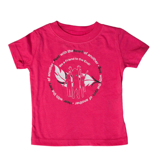 A bright pink short-sleeve youth t-shirt with a circular graphic on the chest featuring a stylized heart and the text 'Be a Friend to the End'