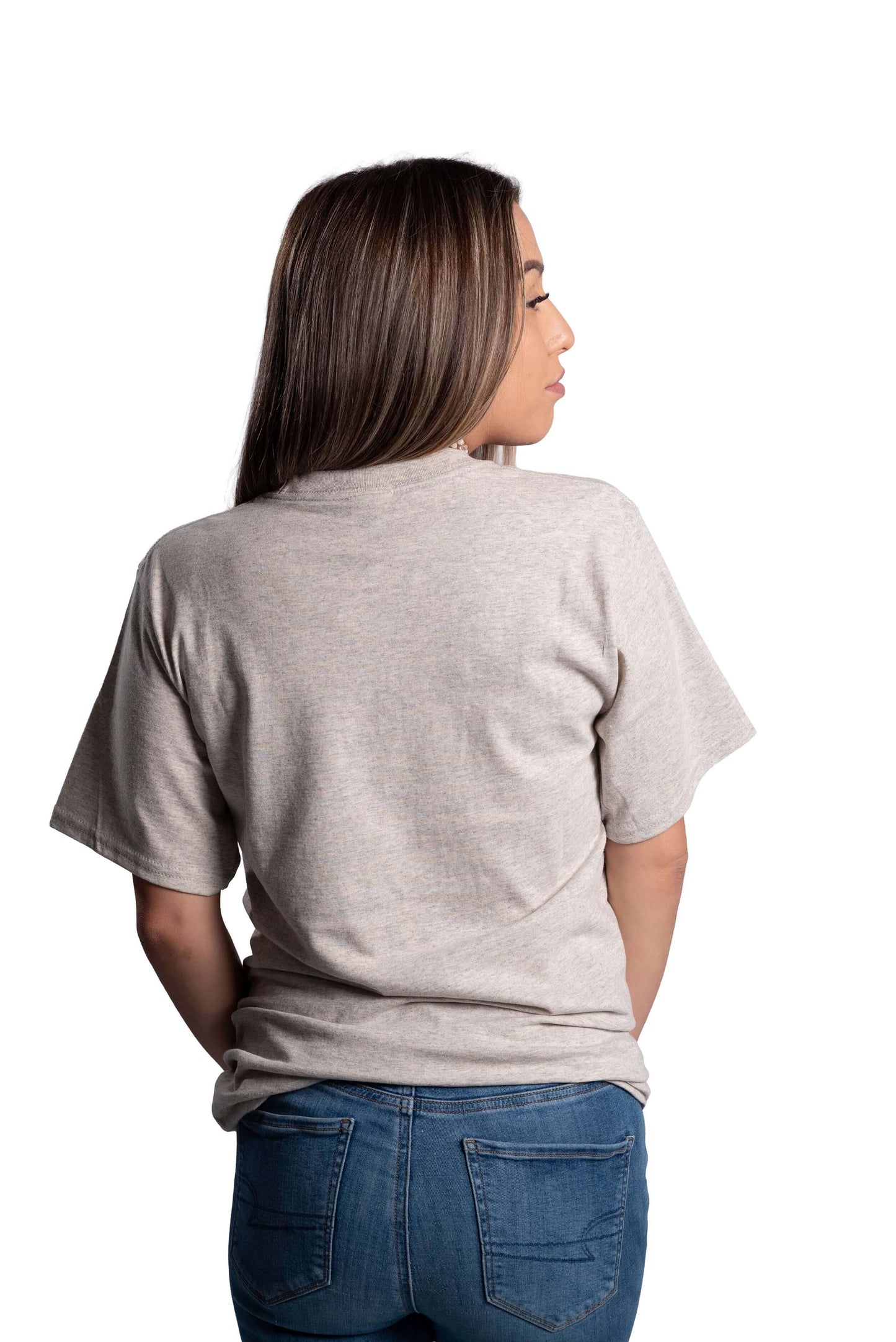 Person wearing a plain gray Beaded Petal Wheel t-shirt back view