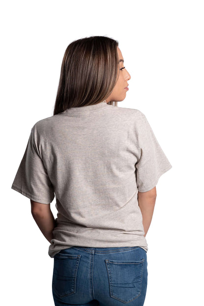 Person wearing a plain gray Beaded Petal Wheel t-shirt back view