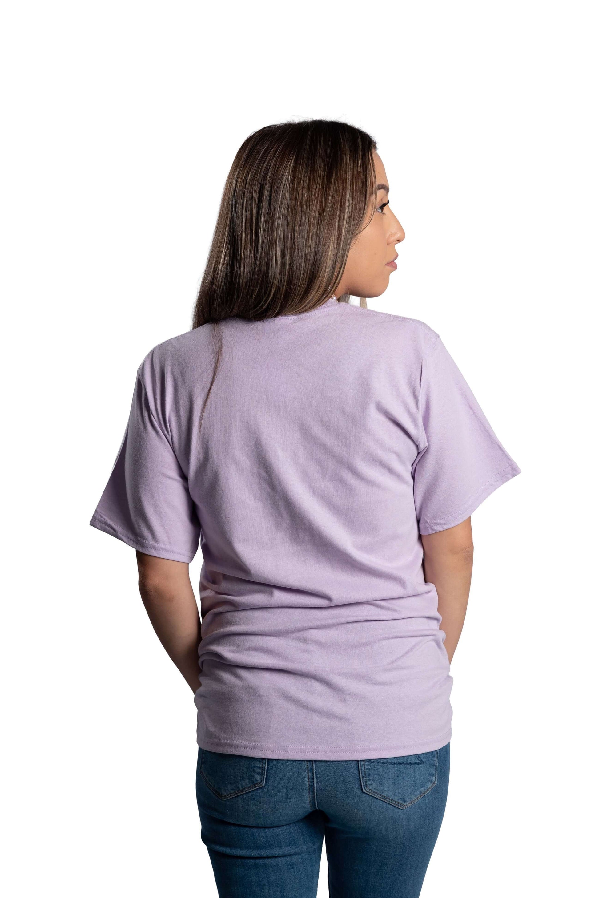 Woman wearing a light purple Beaded Petal Wheel t-shirt back view