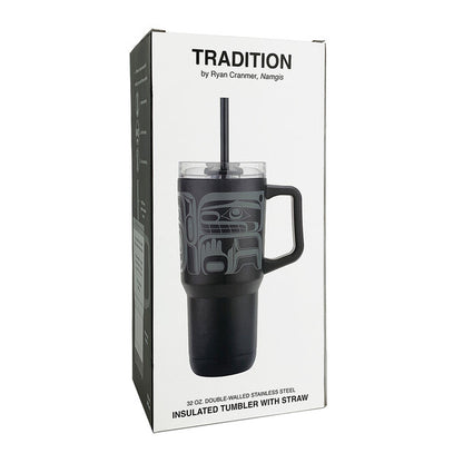 Black insulated tumbler with straw in a white box packaging, featuring 'Tradition' branding.