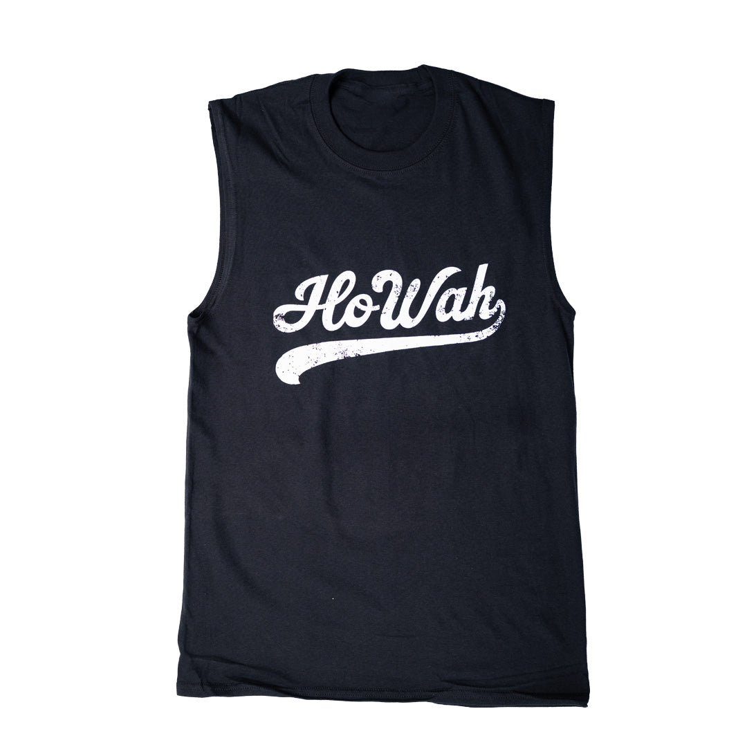 Black sleeveless shirt with 'HoWah' printed in white on a white background