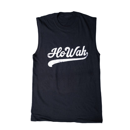 Black sleeveless shirt with 'HoWah' printed in white on a white background