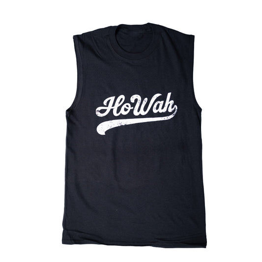 Black sleeveless shirt with 'HoWah' printed in white on a white background