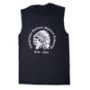 Black sleeveless shirt with white graphic and text on a white background