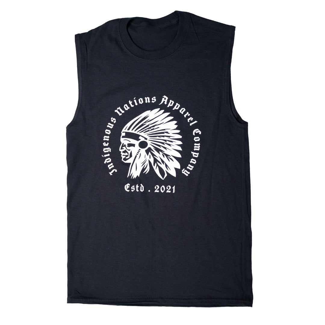 Black sleeveless shirt with white graphic and text on a white background