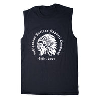 Black sleeveless shirt with white graphic and text on a white background
