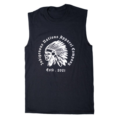 Black sleeveless shirt with white graphic and text on a white background