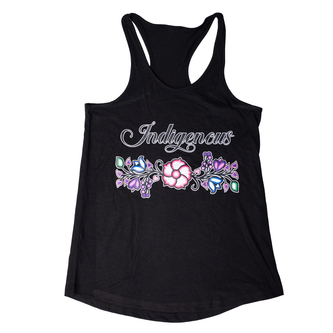 Black tank top with 'Indigenous' and floral design on a white background