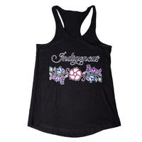 Black tank top with 'Indigenous' and floral design on a white background