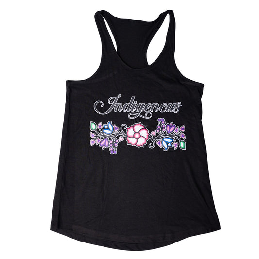 Black tank top with 'Indigenous' and floral design on a white background