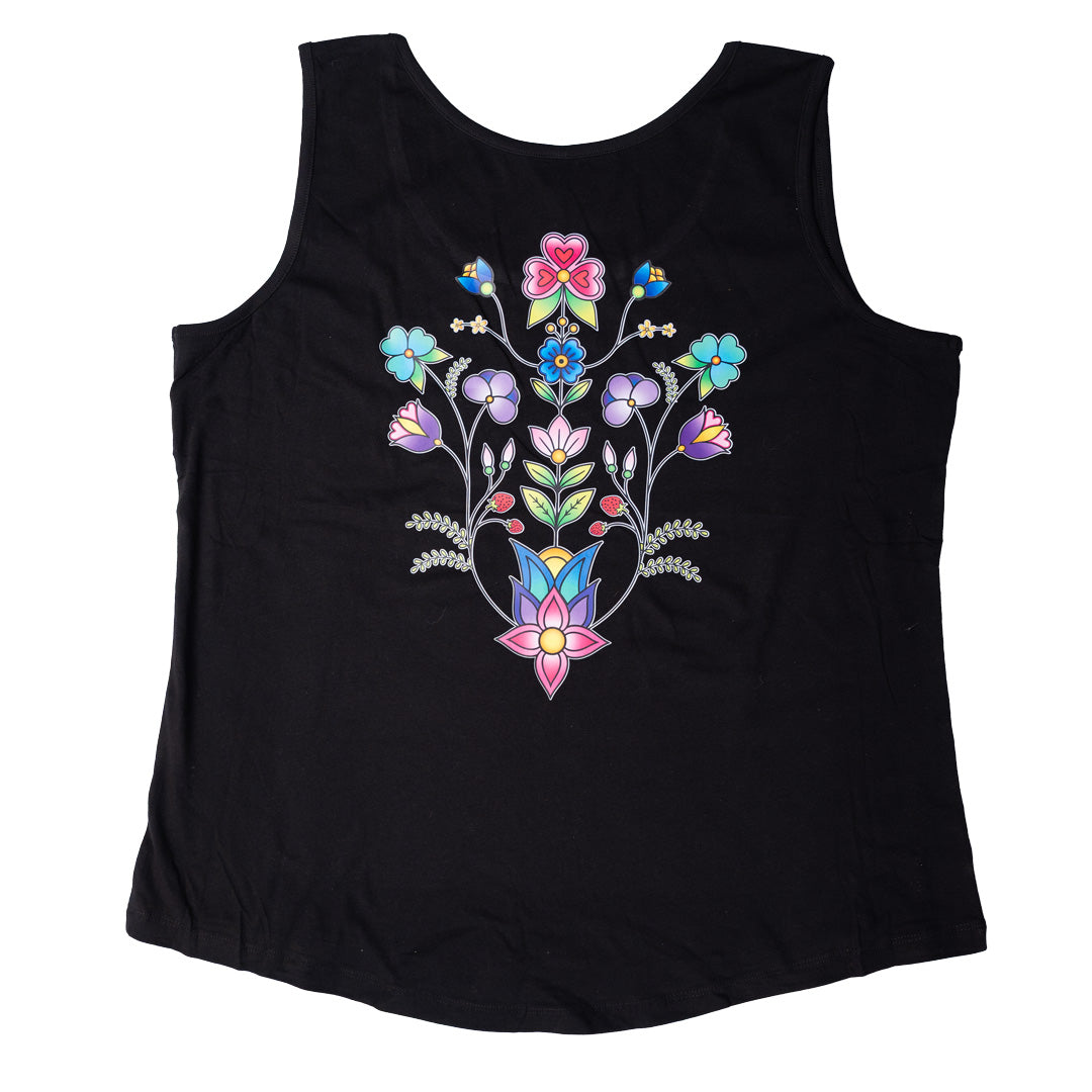 Black tank top with colorful floral design on a white background