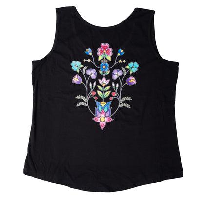 Black tank top with colorful floral design on a white background