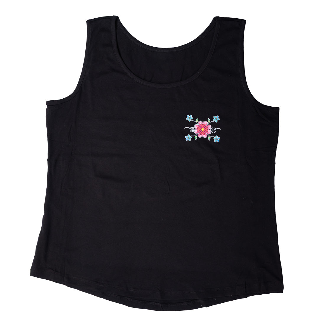 Black tank top with floral print on a white background