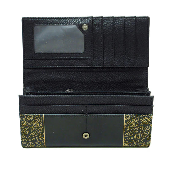 Black wallet with floral pattern on a white background