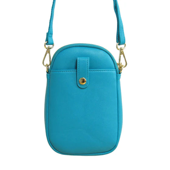 Blue crossbody bag with a gold clasp on a white background