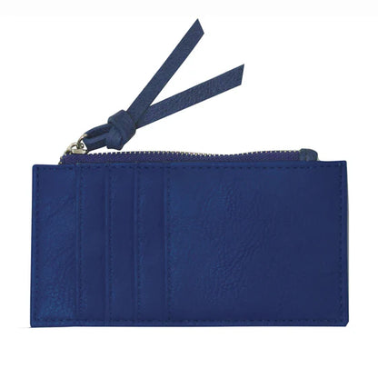 Blue leather wallet with a zipper on a white background