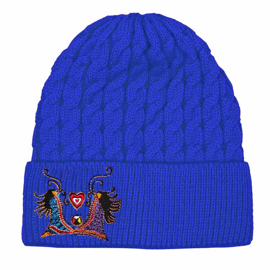 Breath of Life Embroidered Knitted Hat in vibrant blue with intricate embroidery design.
