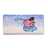 Colorful wallet with a cartoon character design on a white background